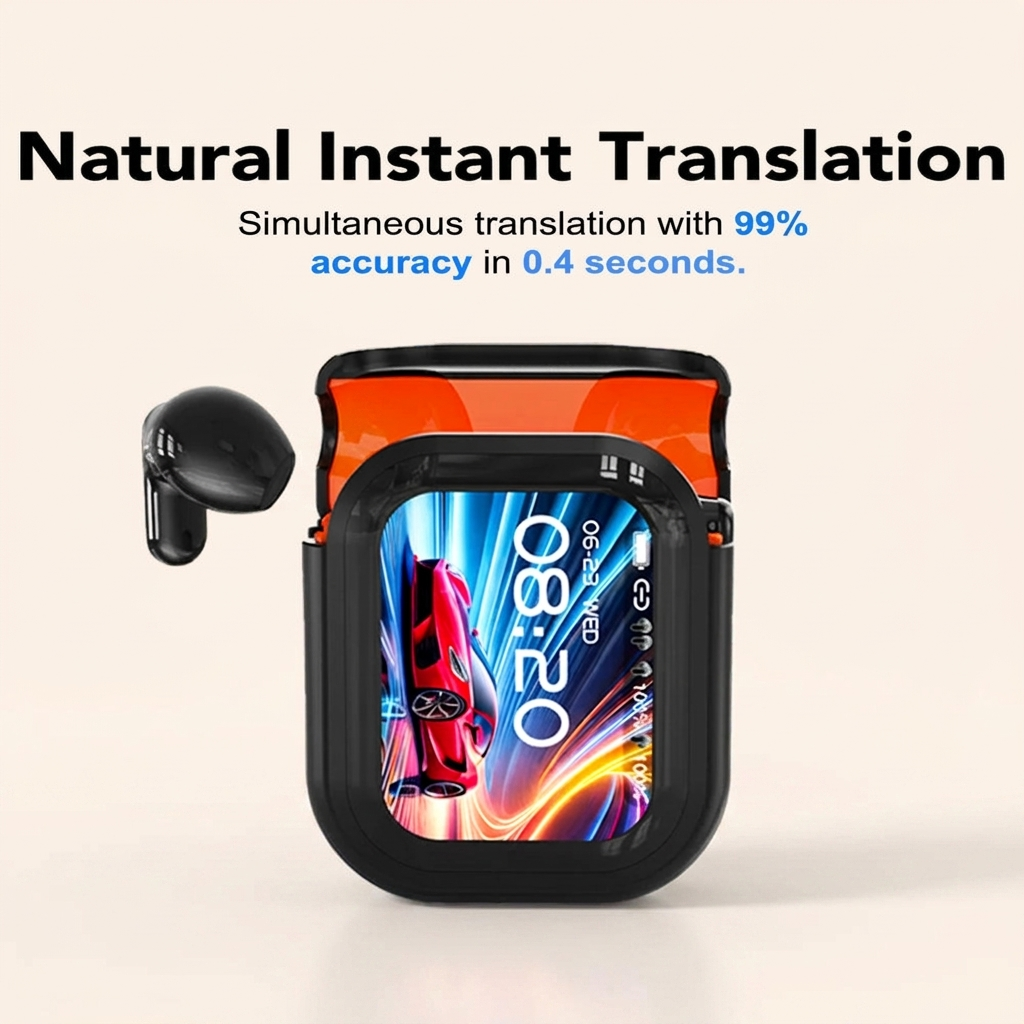 Roamly LinguaBuds white translation earbuds with LCD charging case