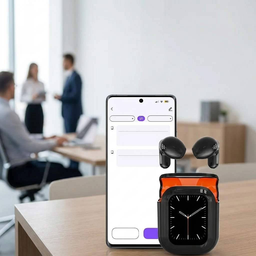 LinguaBuds earbuds with companion translation app on smartphone
