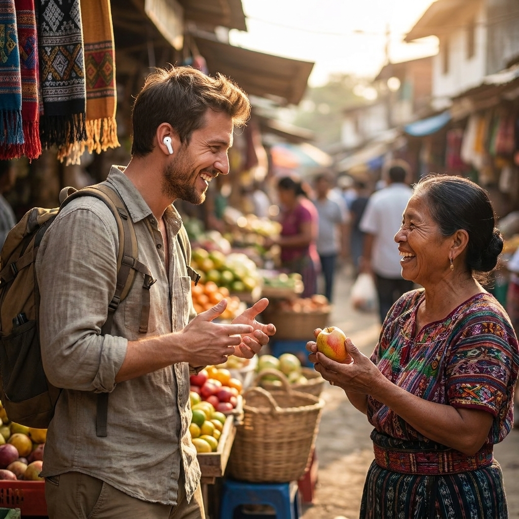 Traveler using LinguaBuds translation earbud in conversation at a market