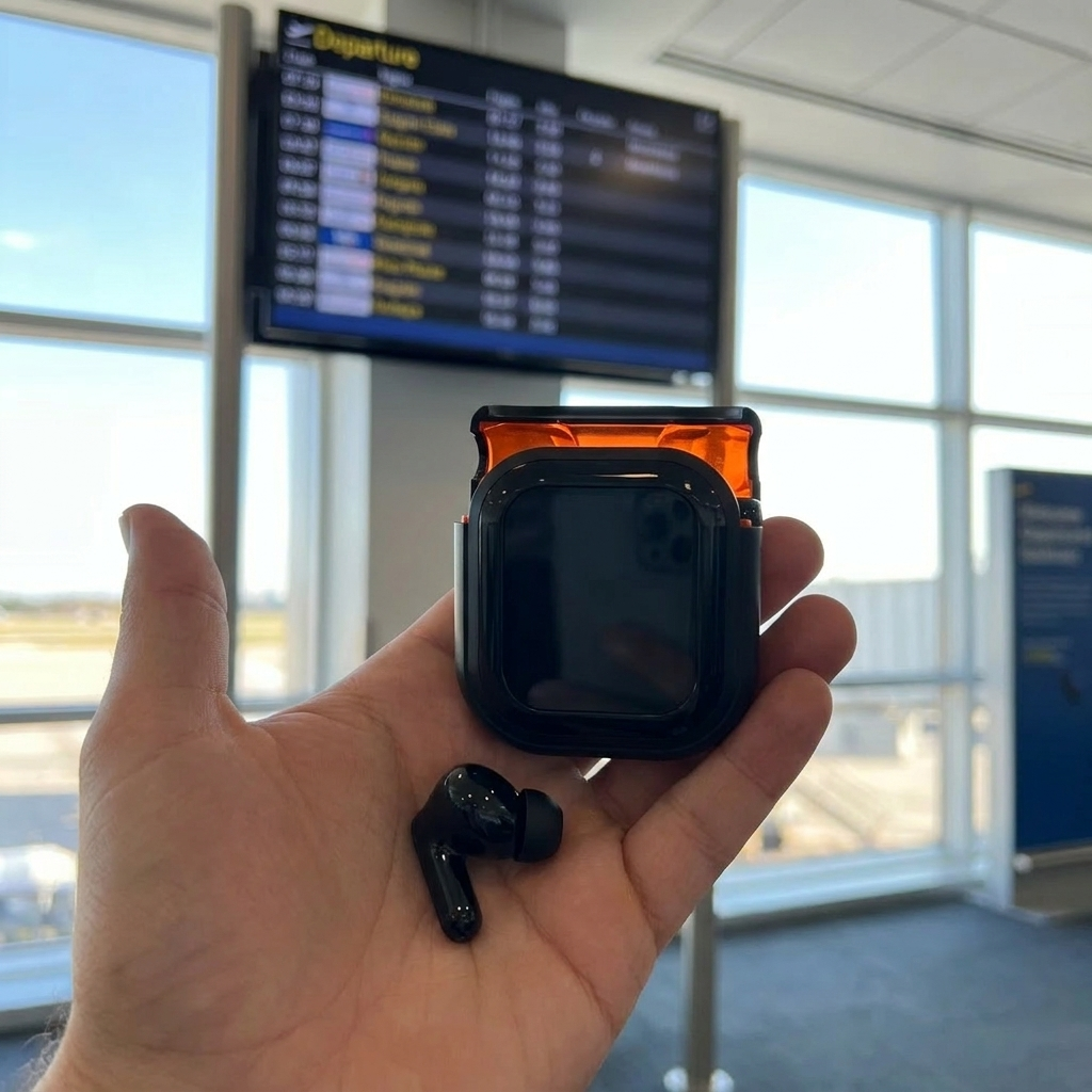 LinguaBuds charging case held at an airport gate