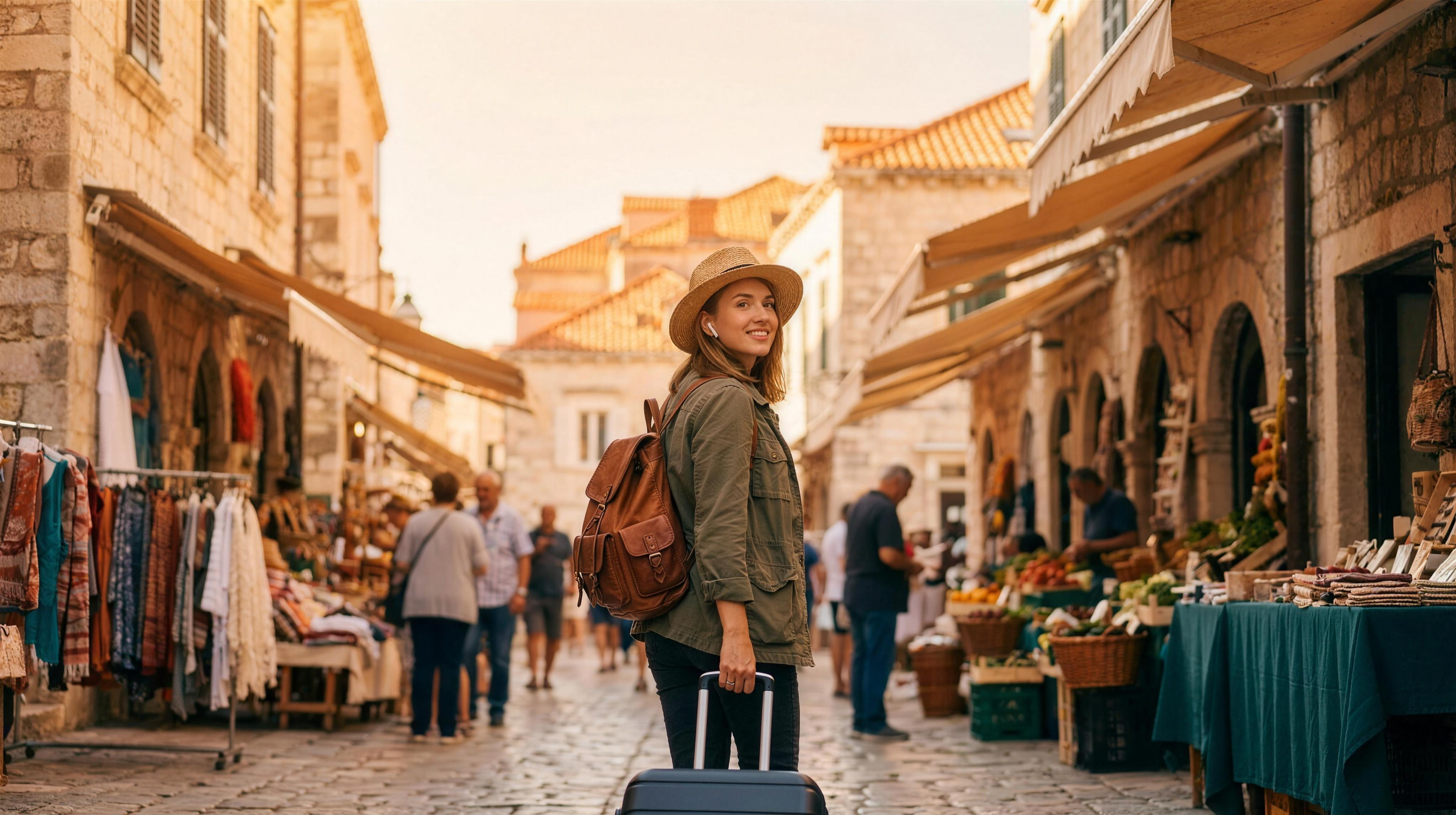 Traveler with backpack and carry-on exploring an old town market street